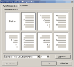 RichViewActions Dialog: Zuweisen/�ndern von Aufz�hlungen und Nummerierungen