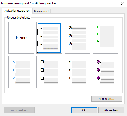 Aufzählungszeichen und Nummerierungs-Dialog Aufzählungszeichen und Nummerierungs-Dialog