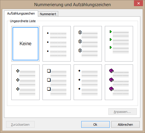 RichViewActions Dialog: Zuweisen/Ändern von Aufzählungen und Nummerierungen